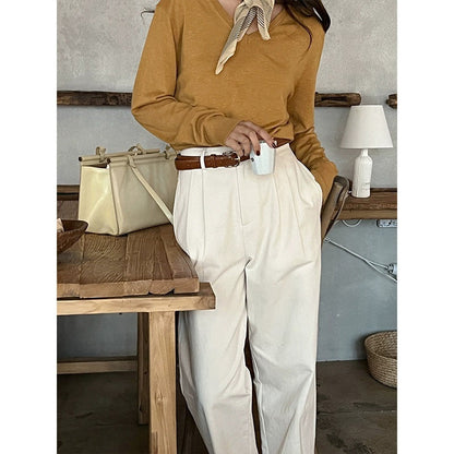 jinran non binary outfits French Retro Khaki Straight Suit Pants Women's Spring and Summer High Waist Korean Style Slimming Cover Casual Cotton Long Pants