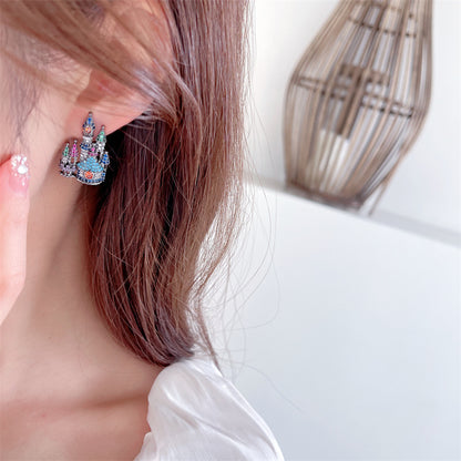 2025 Personalized creative designer earrings wholesale s925 silver needle earrings colored super flash zircon inlaid castle stud earrings