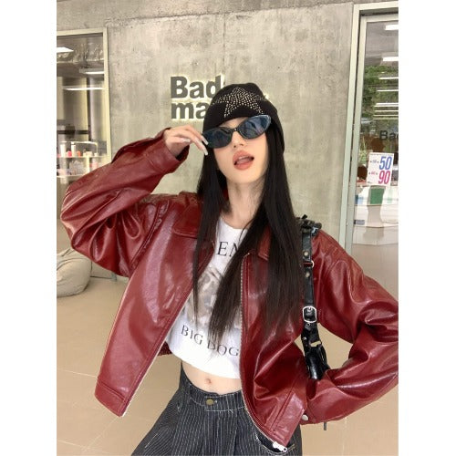 jinran 2024 fall fashion trends 2024 New American Retro Red Lapel Leather Coat Women's Early Autumn New Sweet Cool Girl Loose Jacket Top