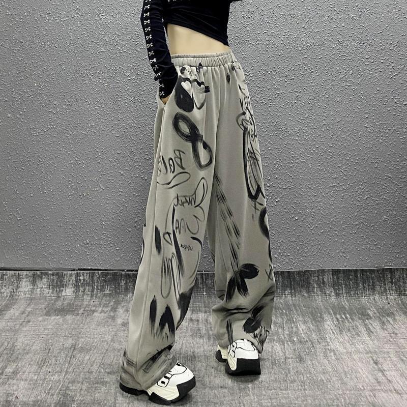 jinran outfits Printing Loose All-Match Sports Casual Pants for Women Spring New Western Style High Waist Slimming Straight Wide Leg Pants