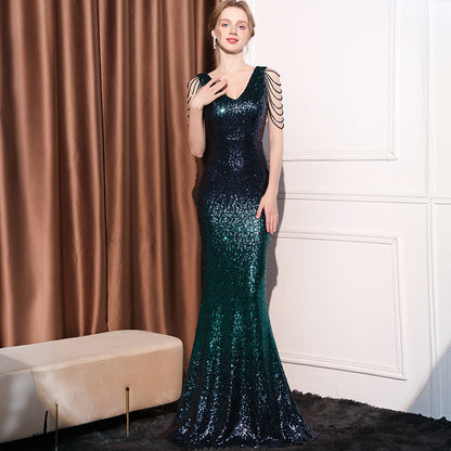 2025 Evening dress women's light luxury dinner dress temperament celebrity banquet high-end sequins fishtail long dress