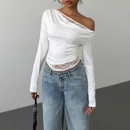 2025 Trendy brand New fashion slanted shoulder lace splicing fake two-piece knitted sweater for women  new waist knitted top for women