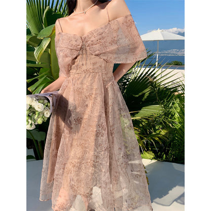 2025 collarbone one-word shoulder off-the-shoulder suspender dress for women's high sense, waist and thin temperament, seaside vacation dress