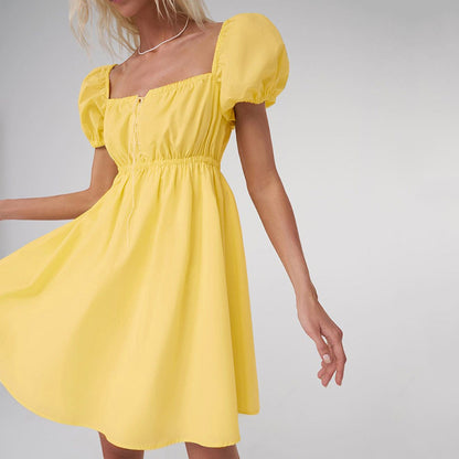 2025 summer  short-sleeved short skirt women's collar hollow bow temperament pure cotton bubble sleeve dress women's clothing