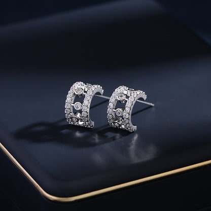 2025 Niche design high-end hollow ring clavicle chain zircon inlaid ring semi-round C-ring stud earrings jewelry set