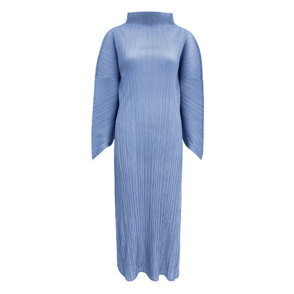 2025 spring temperament turtleneck folding sleeves solid color dress women's medium and long simple loose pleated A-shaped skirt