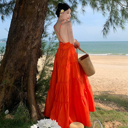 2025 Jiang Shuying star with the same backless suspender skirt seaside vacation beach skirt high waist solid color pendulum dress women's summer