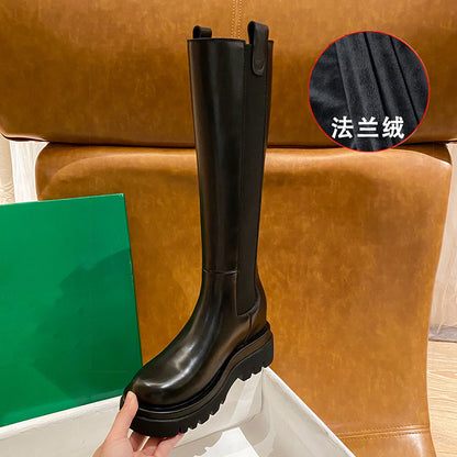 2025 Cowhide version~ New inner height-increasing chimney knight boots women's warm and velvet elastic thick-soled knee-length boots
