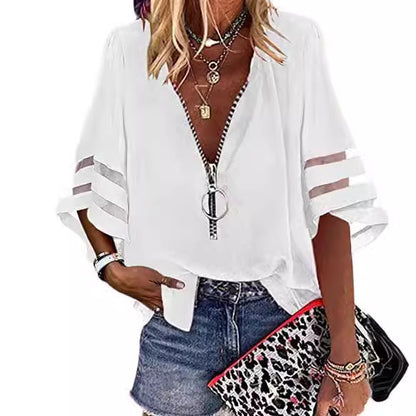 2025 Popular, , 's new V-neck zipper shirt, half-flared sleeve grid splicing, loose casual shirt women