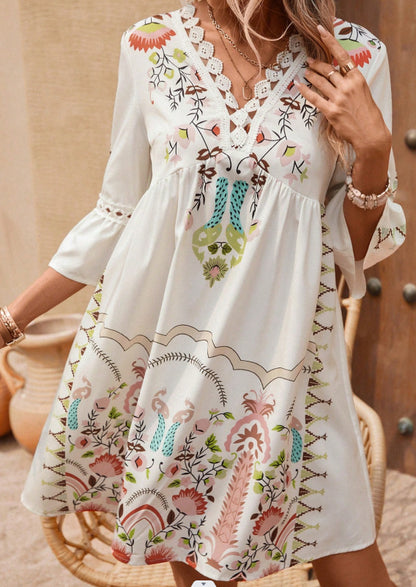 2025 Popular, ,  New women's clothing, summer new V-neck lace splicing casual versatile printed dress