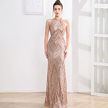 2025 High-end evening dress dress female fishtail champagne high-end texture celebrity fairy banquet temperament light luxury niche host