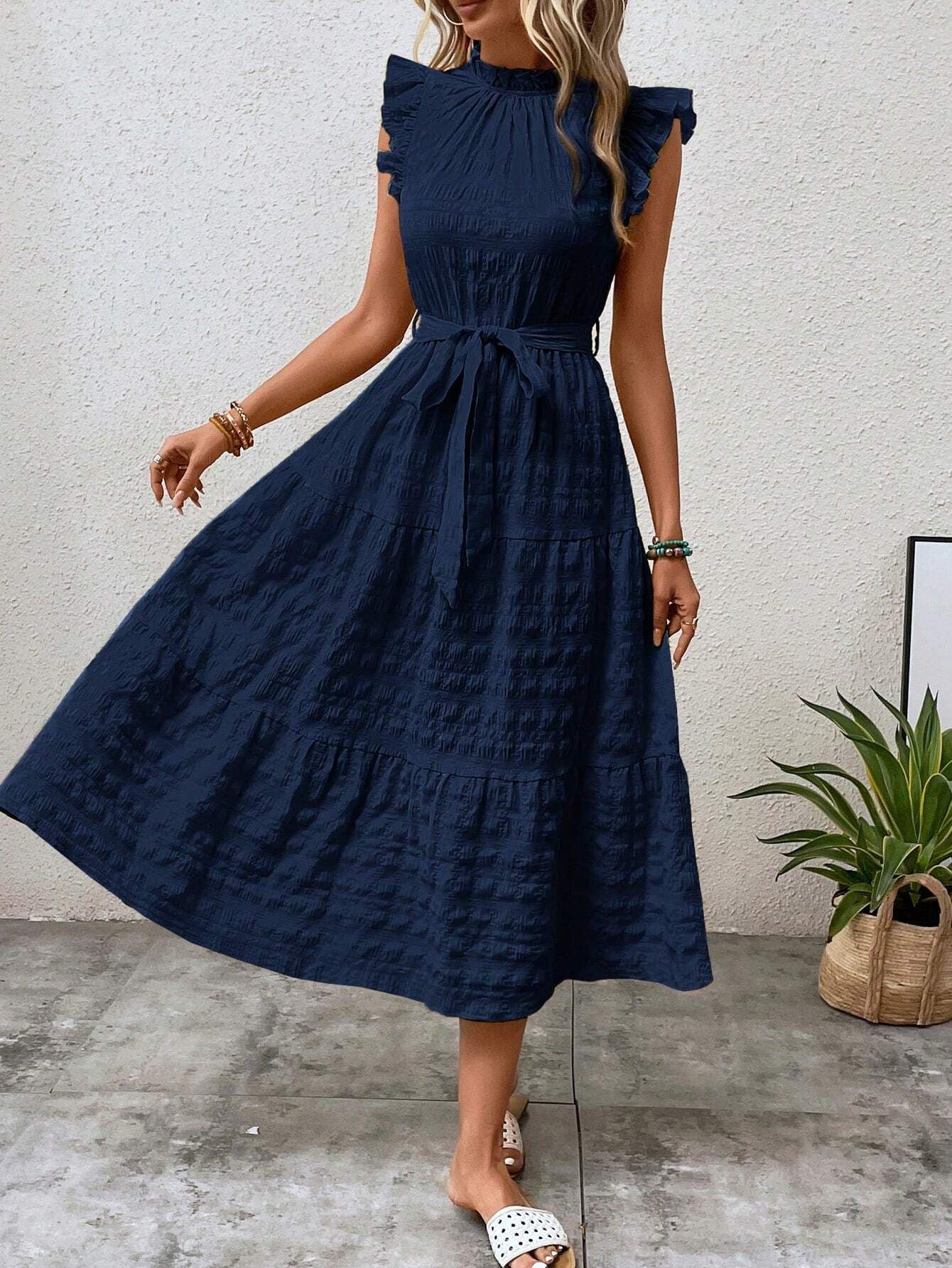 2025 Popular, ,  New women's clothing summer new fashion fungus edge flying sleeves lace-up textured dress