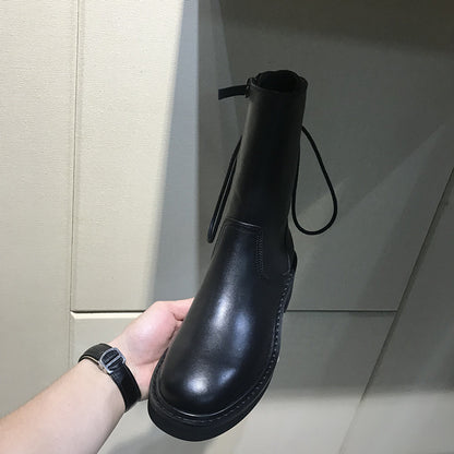 2025 Cowhide version~ New handsome black locomotive boots British style mid-tube boots lace-up Martin boots thick-soled short boots