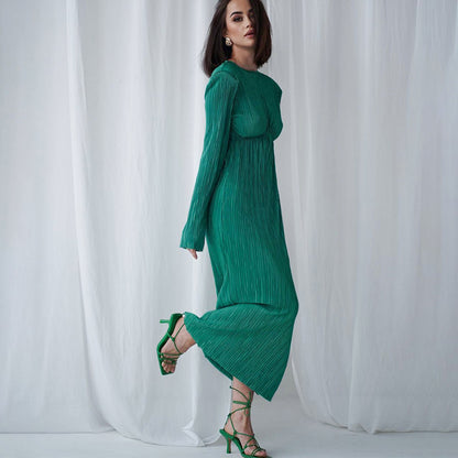 2025 spring  long dress round neck hollow sexy temperament dress backless slim long sleeve pleated dress women