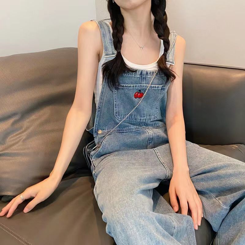 jinran outfit ideas Design Sense Spring and Summer Embroidered Wear Denim Suspender Pants Women's Salt Retro Small Tooling High Waist Straight Jumpsuit