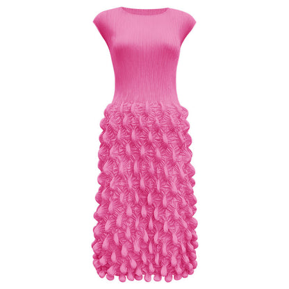 2025 summer new spot bubble pleated long dress slim pleated women's clothing solid color niche handmade sleeveless dress