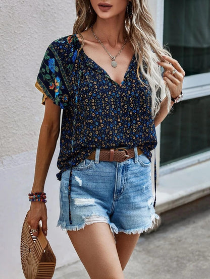 2025 Popular, ,  New women's clothing summer new casual celebrity style printing V-neck short-sleeved loose shirt