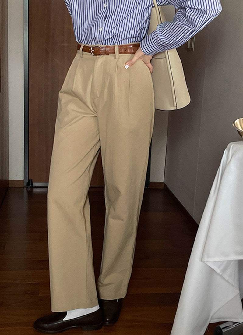 jinran non binary outfits French Retro Khaki Straight Suit Pants Women's Spring and Summer High Waist Korean Style Slimming Cover Casual Cotton Long Pants