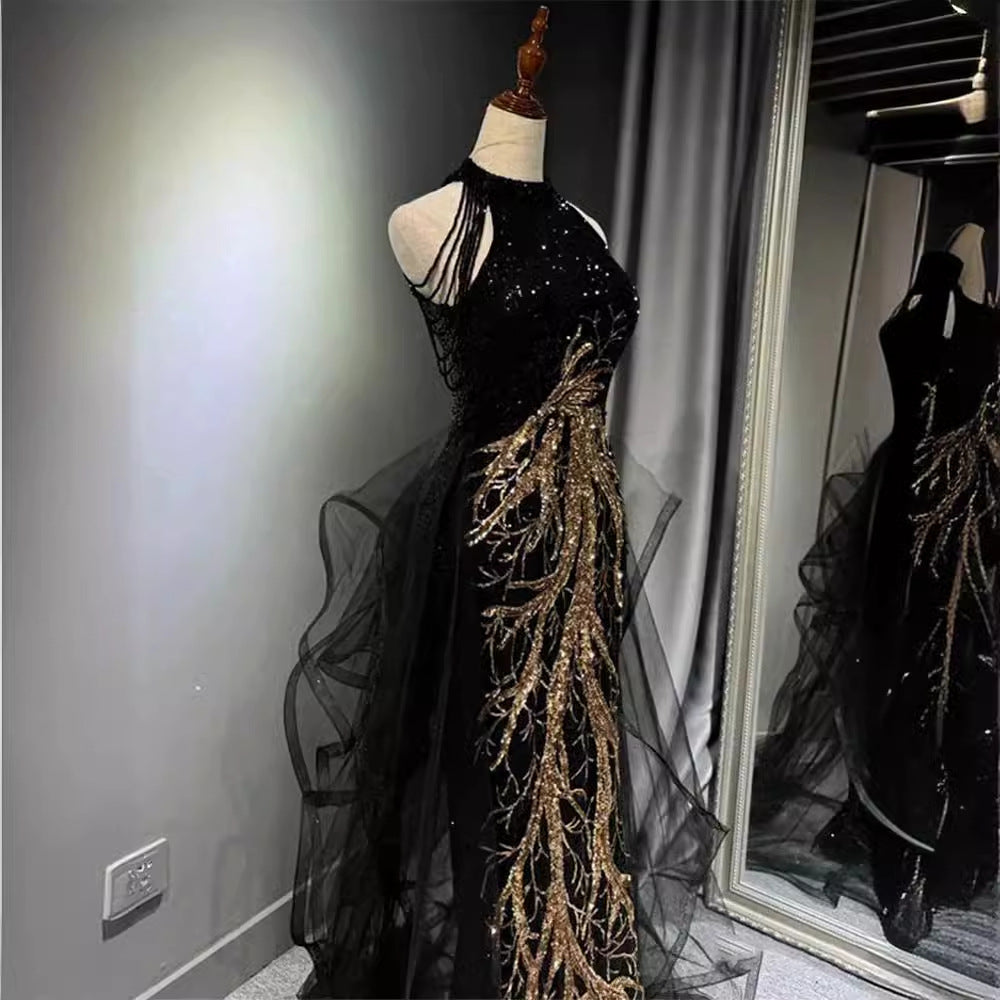 jinran witch dress to impress New Evening Dress Black High-Grade Slim-Fit Elegant Lady Host Halter Fishtail Dress Wedding Toast Dress Summer