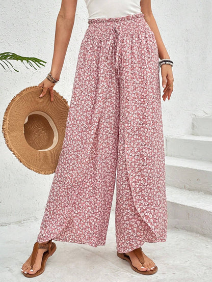 2025 Tiktoktemu  women's clothing  summer new fashion versatile floral side slit wide-leg culottes