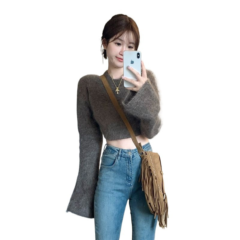 jinran concert outfit Bell Sleeve Korean Style Velvet Sweater for Women Autumn and Winter New Sweet Hot Girl Pullover Slim Slimming Short Sweater Top