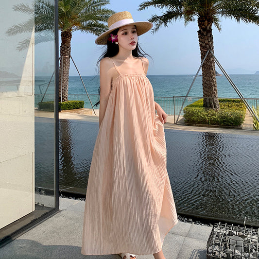 2025 Gentle and lazy sea breeze, thin shoulder straps, elegant and white, Popular style vacation style, loose texture, suspender, long dress woman