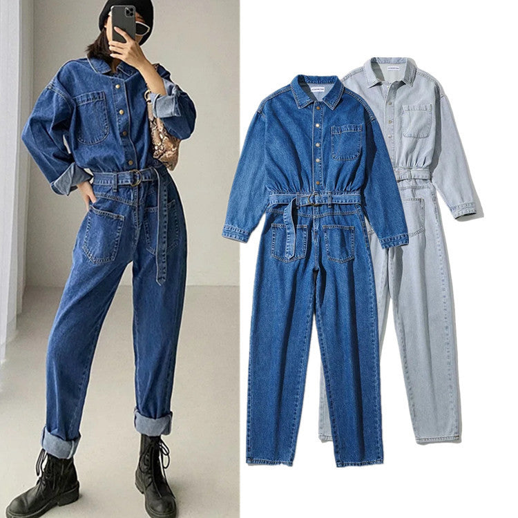 jinran black men fashion urban Casual Jumpsuit Women's Ins Style Fashion Spring Women's Long-Sleeved One-Piece Jeans New