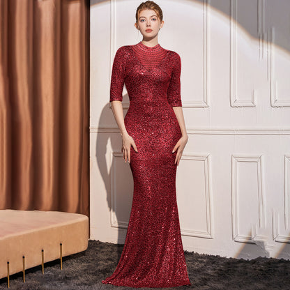 2025 Evening dress women's  new high-end temperament socialite banquet host sequined long fishtail dress