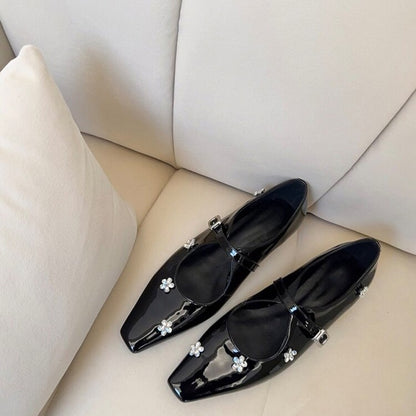 2025 Spot sheepskin version~  rhinestone flower inner height increase single shoes with temperament square head silver Mary Jane shoes