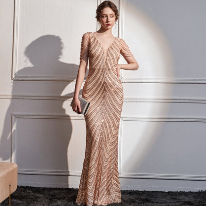 2025 Evening dress, femininity, socialite, high sense, company annual meeting host, banquet party, deep V long dress