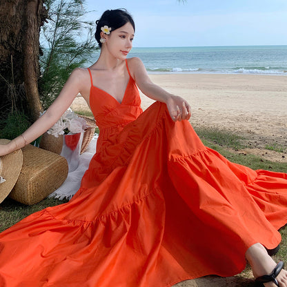 2025 Jiang Shuying star with the same backless suspender skirt seaside vacation beach skirt high waist solid color pendulum dress women's summer