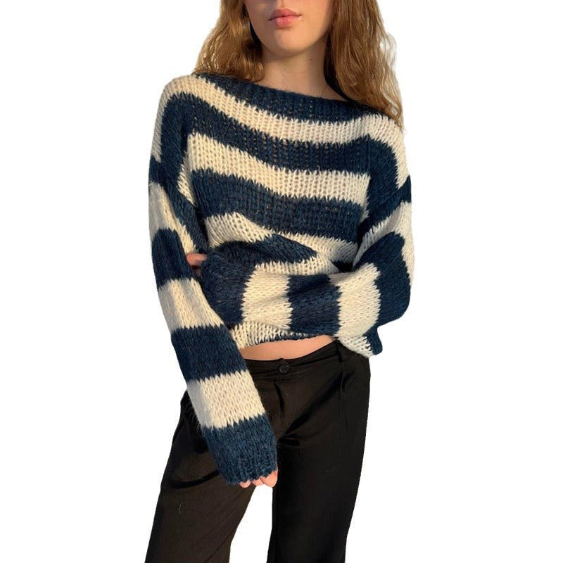 jinran sweater 2024 Winter New Sweater Women's round Neck Striped Loose Lazy All-Match Long Sleeve Knitted Sweater Women