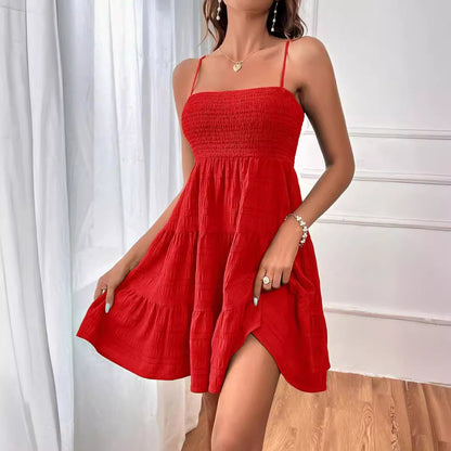 2025 Popular, ,  New women's clothing summer new one-word collar thin suspender solid color versatile texture dress