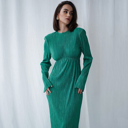 2025 spring  long dress round neck hollow sexy temperament dress backless slim long sleeve pleated dress women