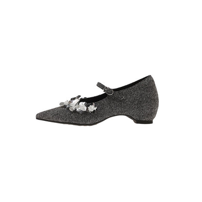 2025 Sheepskin version~ Spring new temperament pointed sequins flower word with single shoes Spring new gentle lady shoes