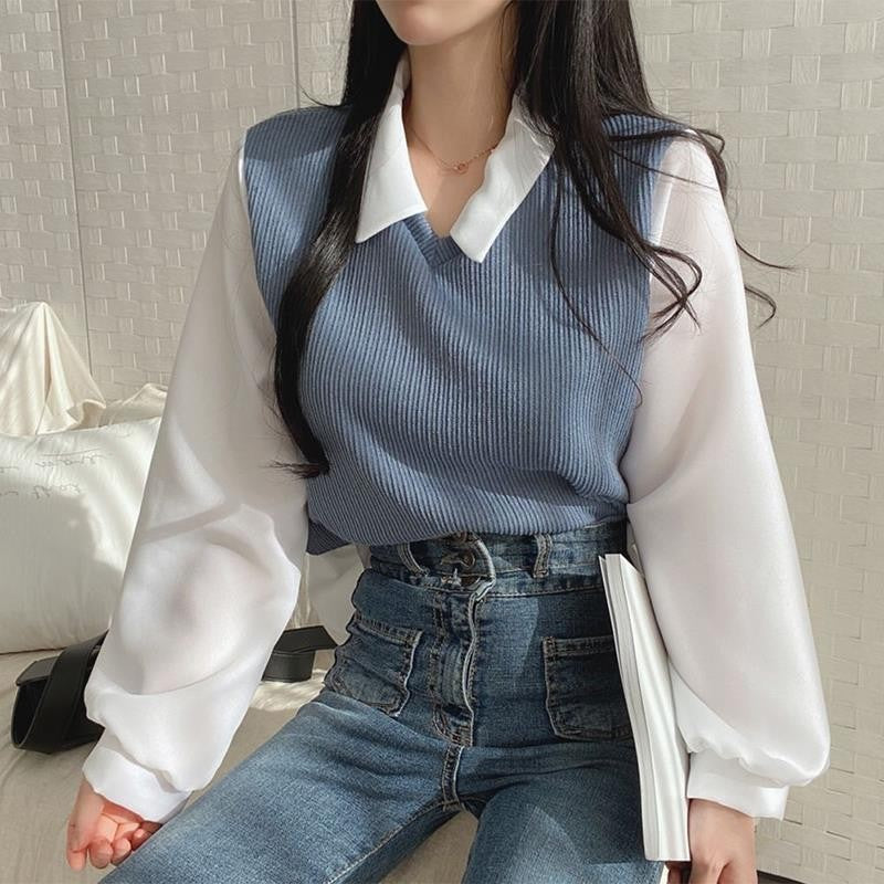 jinran outfit Fake Two-Piece T-shirt for Women 2024 New Stitching Polo Collar Long-Sleeved Sweater Chubby Girl Loose Contrast Color All-Match Top Fashion