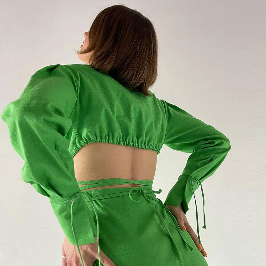 2025 autumn new green temperament waist hollow design shirt dress long sleeve medium and long dress bow women