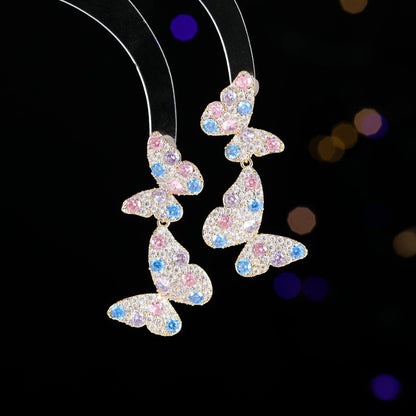 2025 Exquisite full diamond double butterfly earrings S925 silver needle women's light luxury temperament versatile niche design temperament earrings