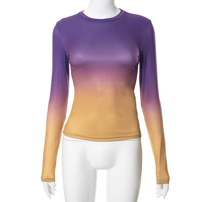 jinran concert outfit ideas Fashionable Gradient Printed round Neck Pullover Women's Spring and Autumn Bottoming New