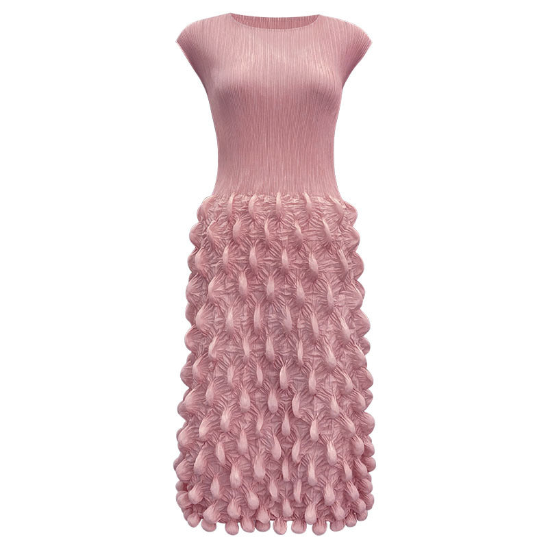 2025 summer new spot bubble pleated long dress slim pleated women's clothing solid color niche handmade sleeveless dress
