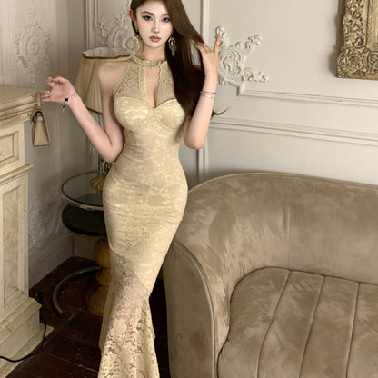 2025 Lace banquet evening dress women's  summer dress new  elegant neck sexy lace hollow fishtail skirt