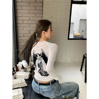 jinran barn jacket outfits Spring and Autumn Women's Clothing New Y2g Hot Girl Sexy American Retro Style Mesh Angel Printed Long-Sleeved T-shirt Top