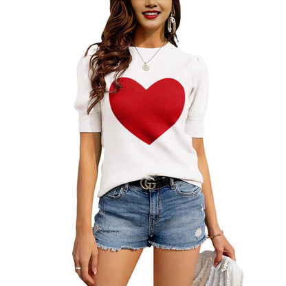 new  Popular trade New crew neck knitted sweater women's contrasting color love short-sleeved women's pullover sweater