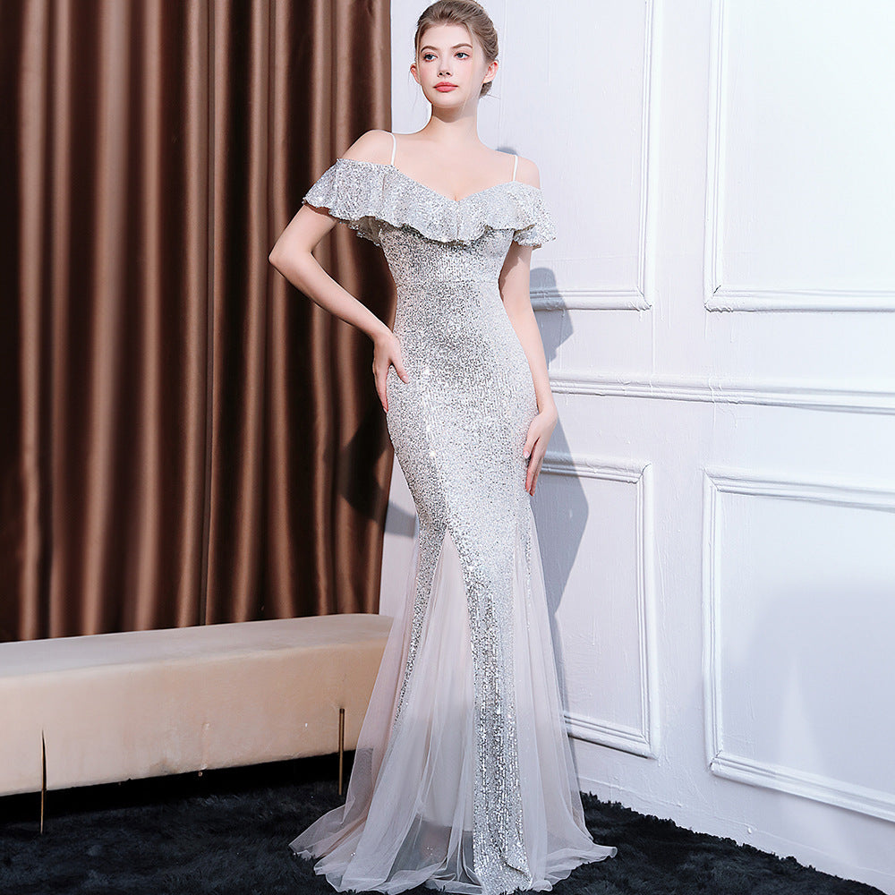 2025 Evening dress dress women's light luxury high-end temperament simple banquet socialite sexy backless suspender long fishtail dress