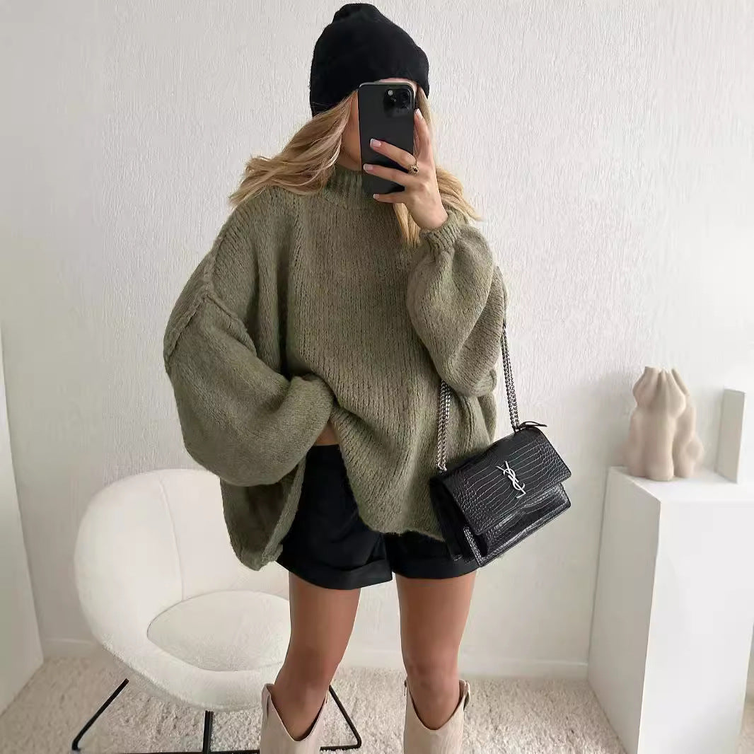 jinran  fashion Autumn and Winter New Loose Half Turtleneck Commuter Style Fake Reverse Wear Knitted Pullover Solid Color Sweater for Women