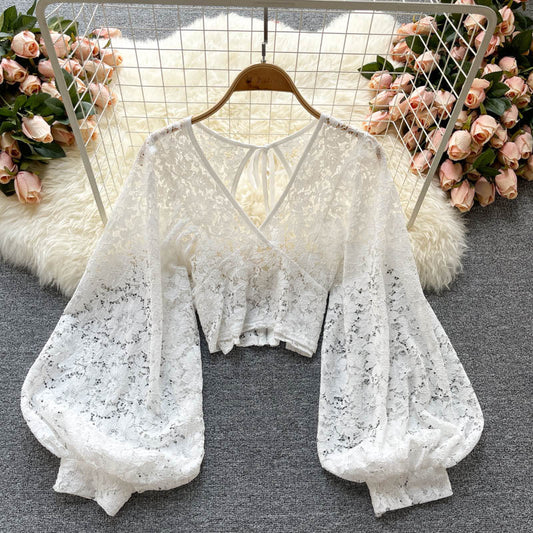 jinran dream clothes Lace-up Backless Slimming Short Transparent Crocheted Lace Shirt Autumn New Korean Style Western Style Small Shirt All-Matching Top for Women