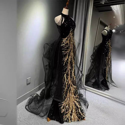 jinran witch dress to impress New Evening Dress Black High-Grade Slim-Fit Elegant Lady Host Halter Fishtail Dress Wedding Toast Dress Summer