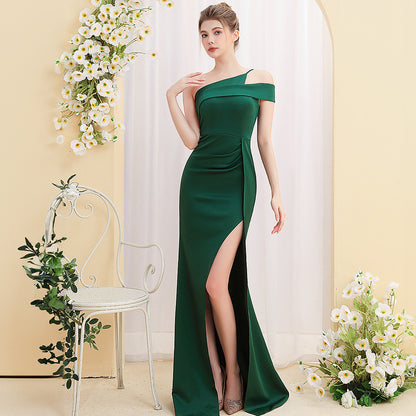2025 Evening dress female car model exhibition company annual meeting host fishtail slant shoulder slim and thin long fishtail dress