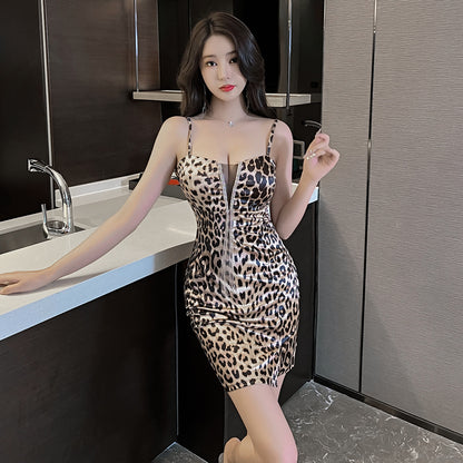2025 Leopard print nightclub women's clothing  summer new retro low-cut sexy suspender dress slim split hip skirt