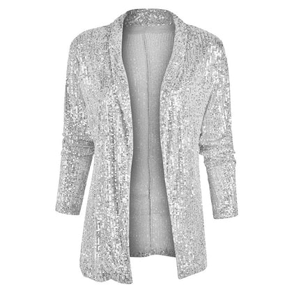 2025 spring New new 2025  sequined long-sleeved temperament medium and long small suit lapel coat